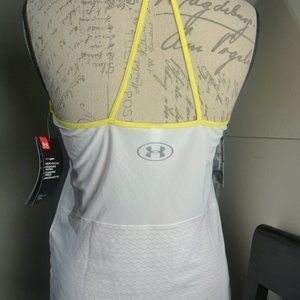 NWT Under Armour Heat Gear Racerback Strappy White Tank Yellow Anti Odor Reflect